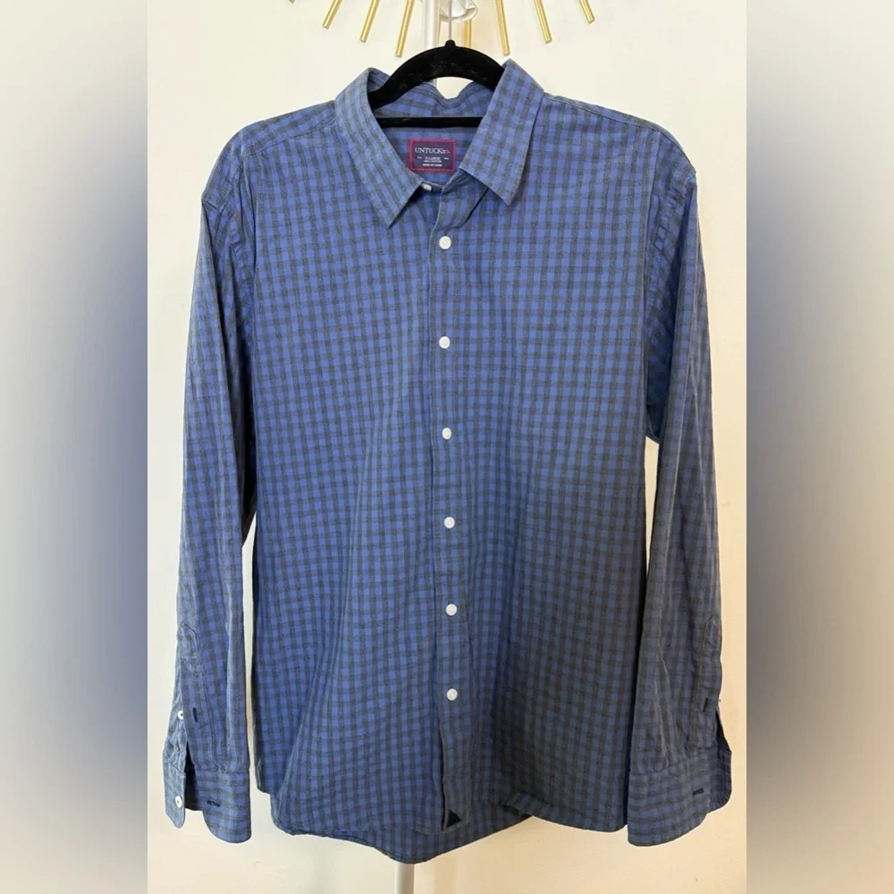 Men’s UnTuck-it Blue Gray checkered button down cotton shirt casual preppy XL